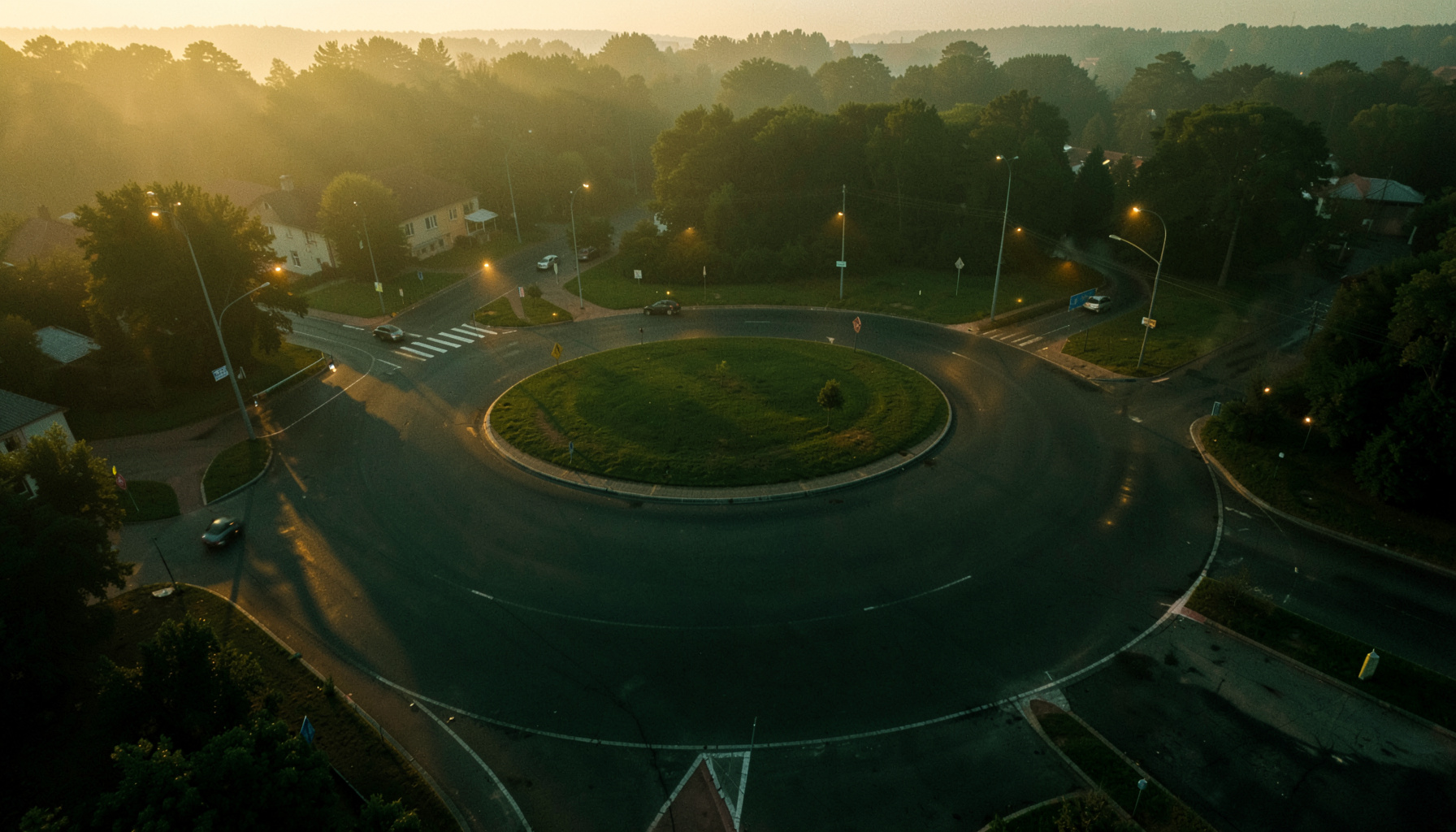 Aerial view of a roundabout intersection at dusk with warm amber streetlights