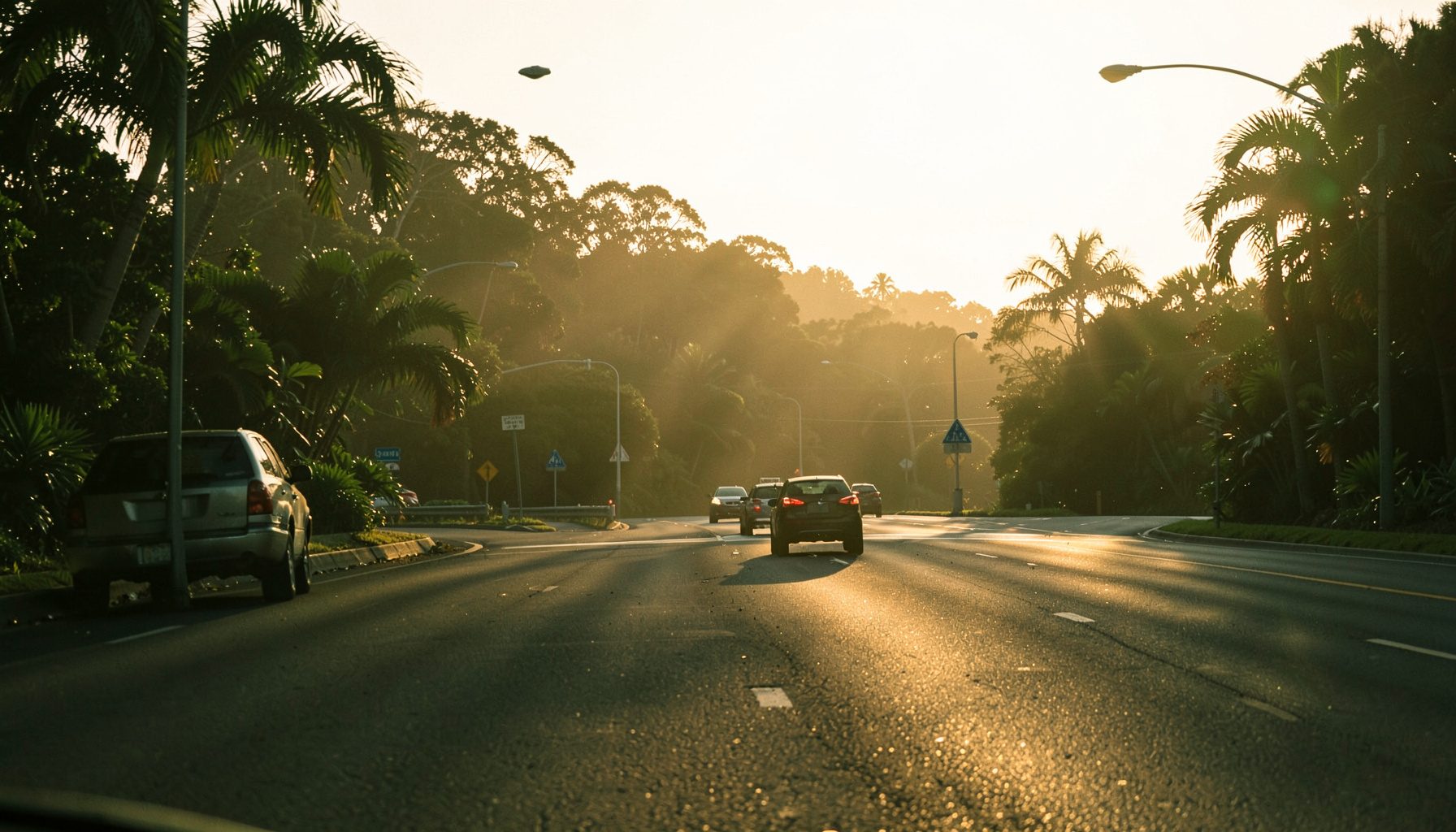 Hawaiian highway intersection with light traffic in soft amber sunlight and tropical foliage