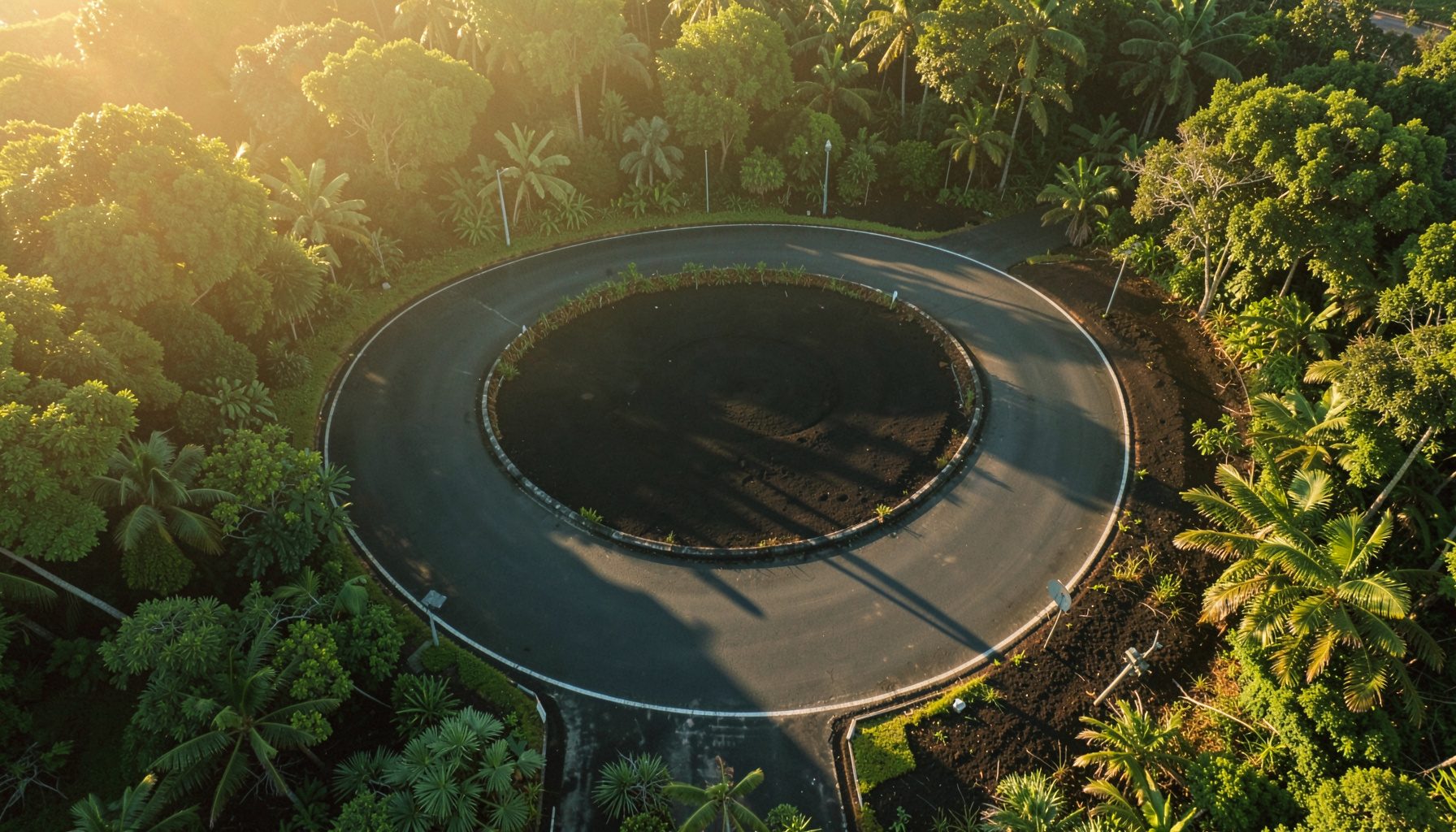 Aerial view of a circular roundabout intersection surrounded by lush tropical greenery and dark volcanic soil, bathed in warm golden-hour light