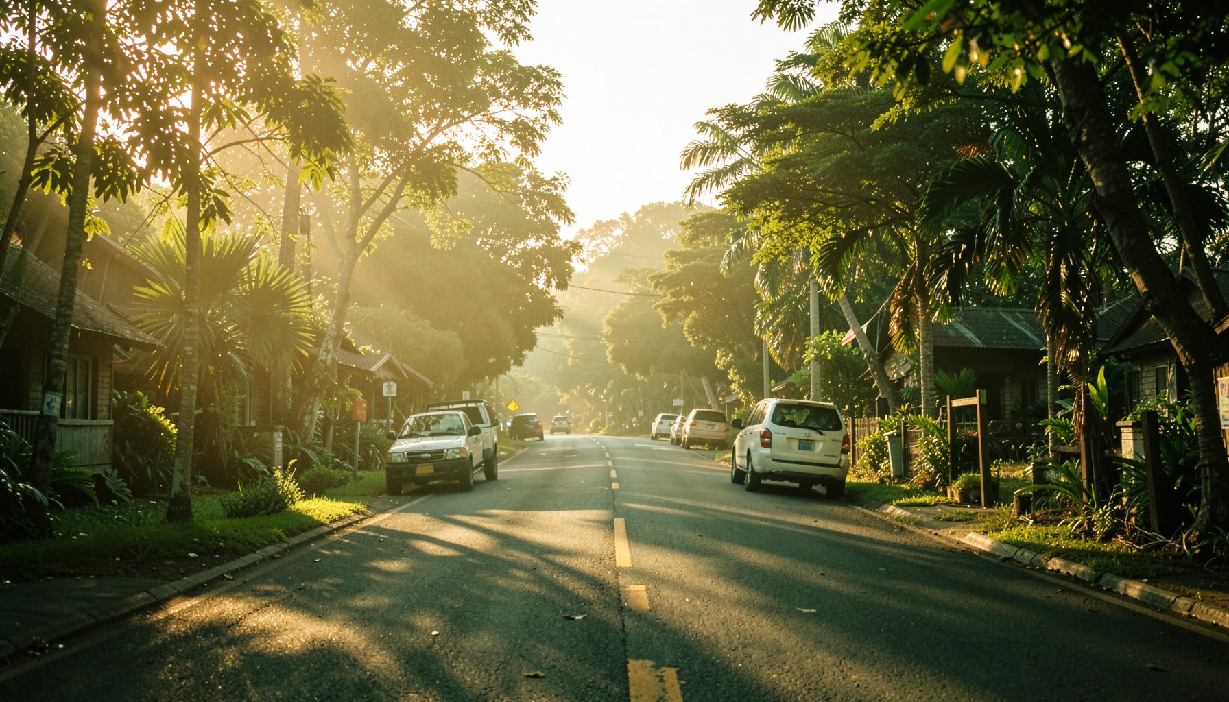 Rural Hawaiian crossroads in warm golden light with light traffic and tropical trees