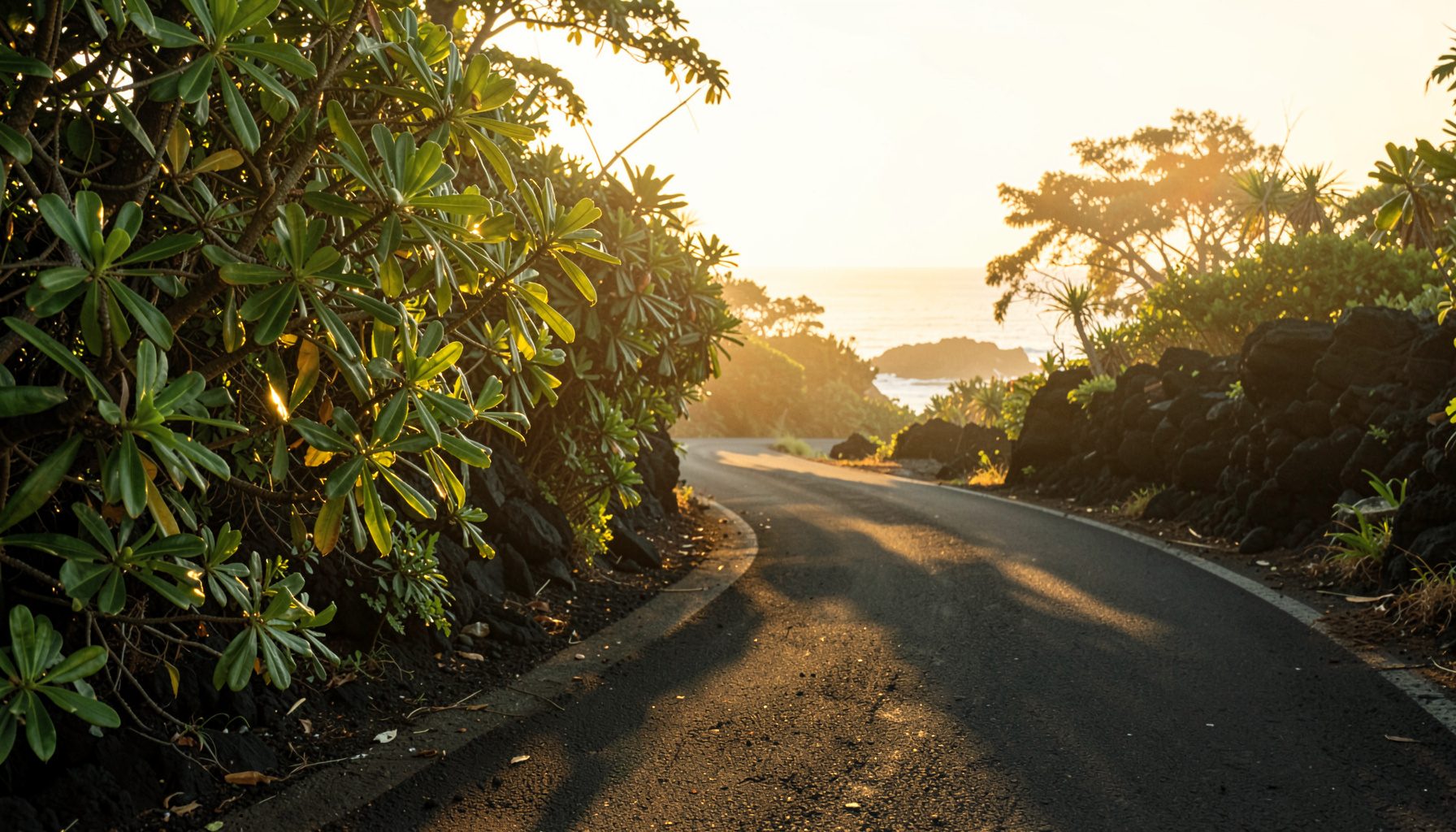 Warm golden-hour photograph of a coastal Hawaiian road, golden light glowing on green ti leaves and dark lava rock