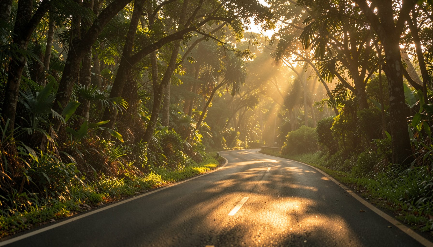 Tree-lined Hawaiian roadway curving through lush tropical greenery in warm amber sunlight